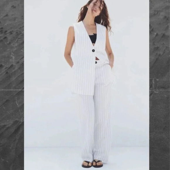 Zara Womens Bloggers Favorite Casual Stripes Linen Trouser Pants White Size XL - Picture 1 of 14